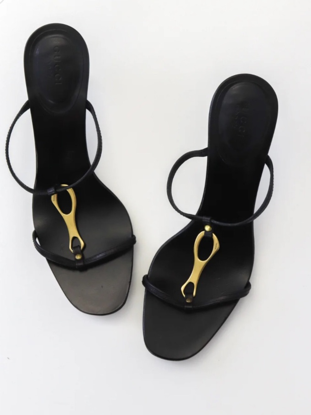 Gucci by Tom Ford  Black Leather Kitten Heel Sandals with Gold Horsebit Hardware